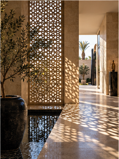 Sunlight moves across a contemporary interior with a subtle geometric screen