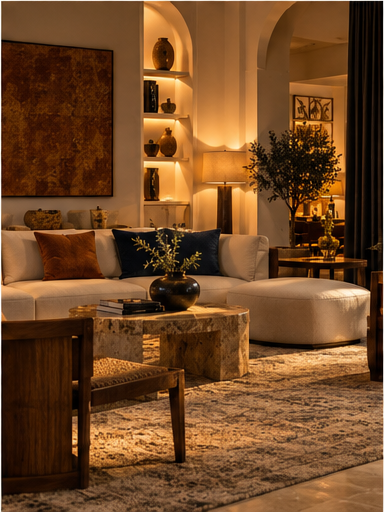 A welcoming interior with natural textures, art and warm light