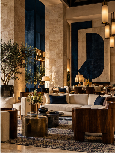 Warm contemporary hospitality interior with considered furniture, lighting and artwork